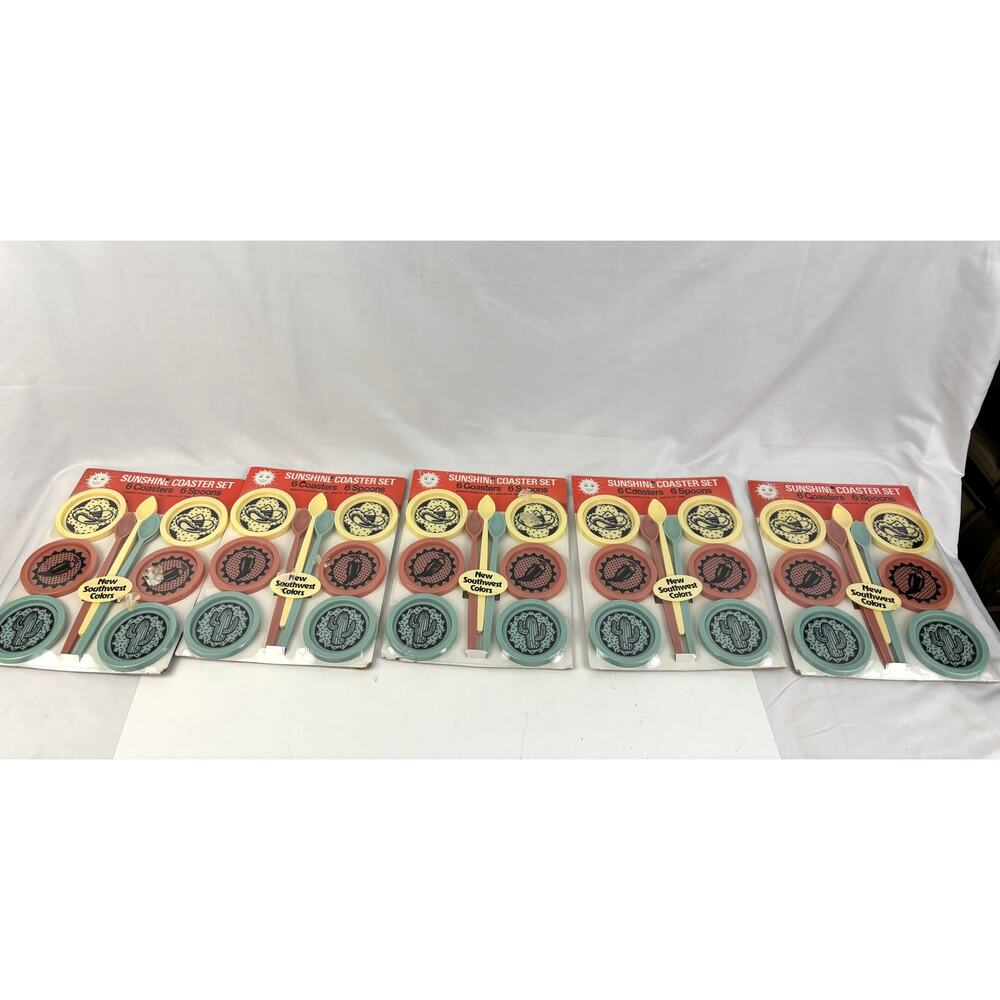 VTG 70s 80s Sunshine Coaster Set (6) & Spoons Plastic NIB NOS Southwest Colors